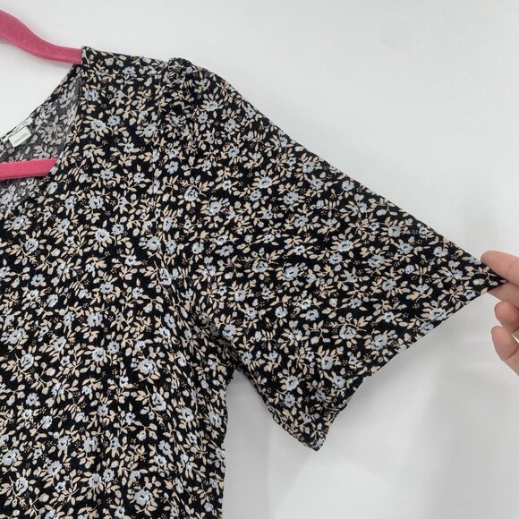 Aerie Size M Black Floral Print Short Sleeve Tiered Midi Dress Boho Peasant - Picture 10 of 13